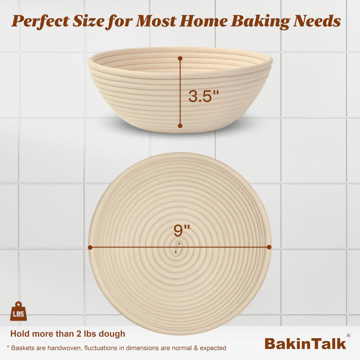 BakinTalk Banneton Bread Proofing Basket Set of 2, 9" Round Sourdough Banneton Baskets with Linen Liners, Premium Handmade Natural Indonesian Rattan, Bread Bowls for Rising and Baking BakinTalk