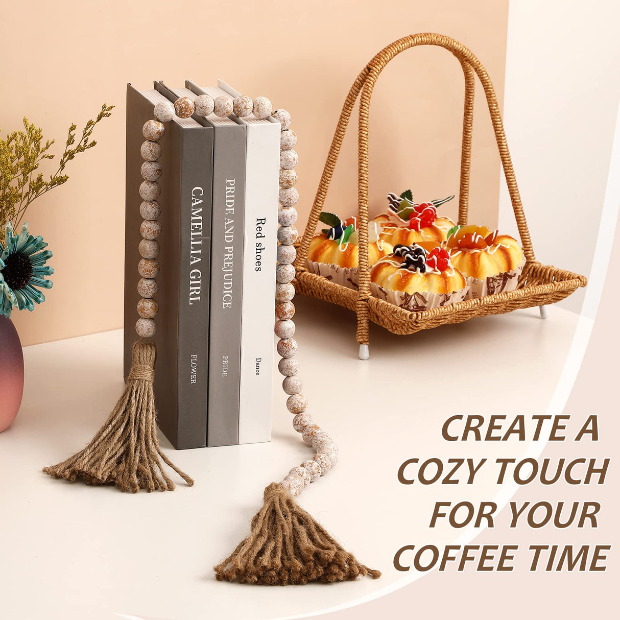 IMIKEYA Wooden Beads Garland: Farmhouse Wood Bead Garland for Tiered Tray Farmhouse Beads Hanging Wood Bead Garland with Tassels Prayer Rustic Beads for Coffee Table Decor IMIKEYA