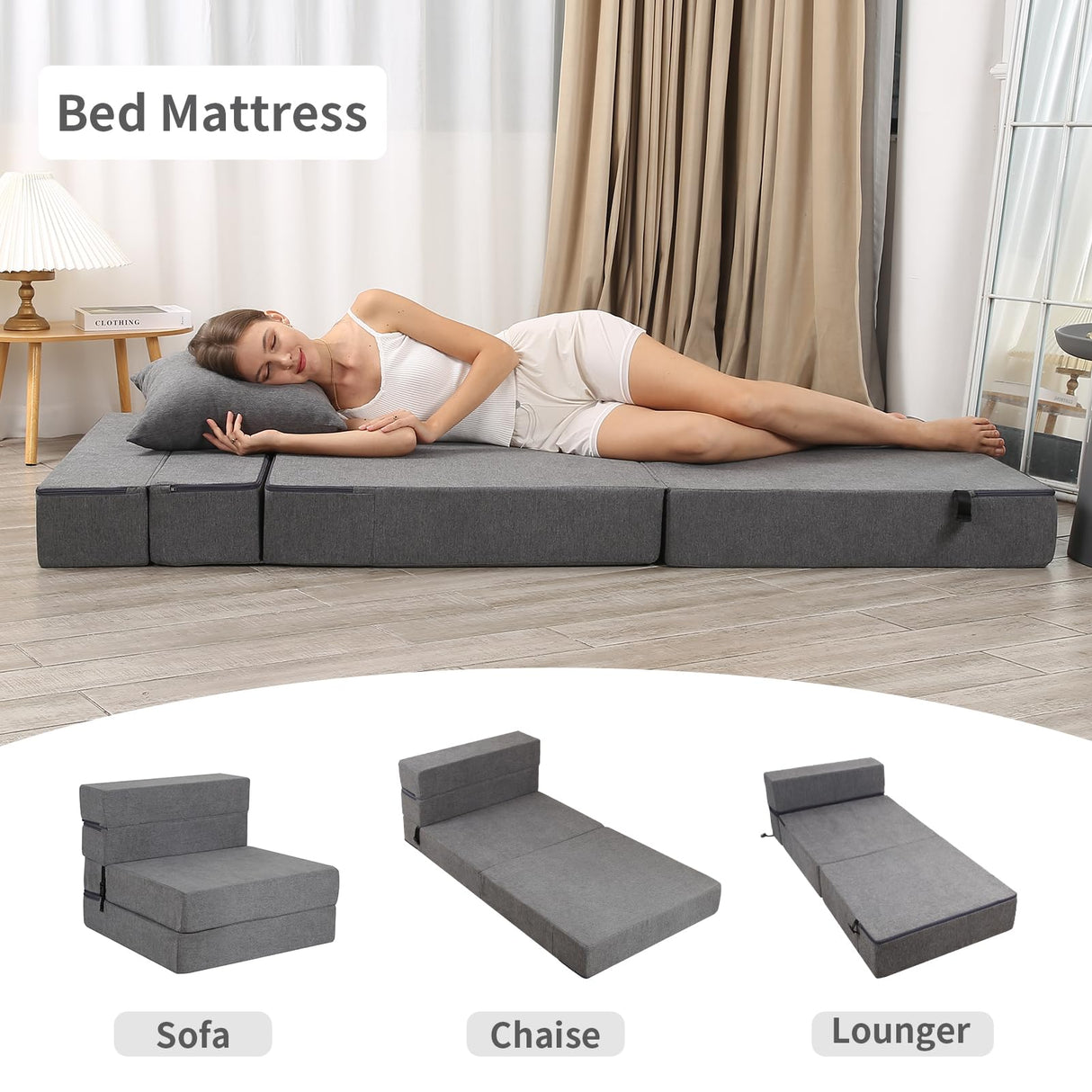 LOVMOC Folding Sofa Bed, High-Density Memory Foam Sofa Bed with a Fluffy Pillow, Floor Couch Guest Bed, Single Size, Dark Grey LOVMOC