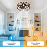 Garwarm 20in Caged Ceiling Fan with Light,Rustic Industrial Ceiling Fans with Lights and Remote,Bladeless Black Fandelier Ceiling Fan,Flush Mount Fan Lights for Kitchen,Bedroom（6 Speed,Timing） Garwarm