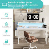 Lufeiya White Computer Desk with LED Lights and Power Outlets, 40 Inch Home Office Desks with Monitor Stand, Teen Writing Study Table Gaming Desk with Charging Station, White Lufeiya