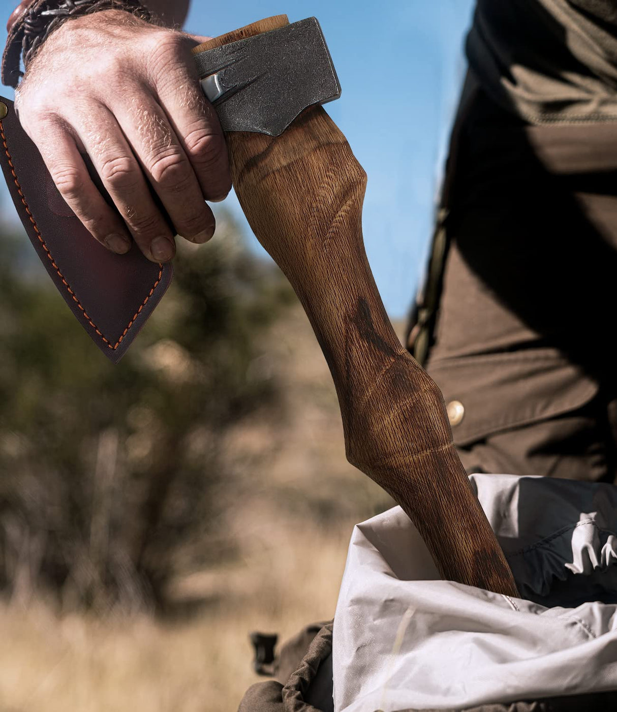 WICING Splitting Axe, 14.8 - inch Camping Hatchet with Leather Sheath, Chopping Axe 1055 High Carbon Steel and Beech Wooden Handle WICING