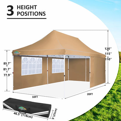 COBIZI 10x20ft Pop Up Canopy Tent with 4 Removable Sidewalls, Easy Up Commercial Canopy, Waterproof and UV50+ Gazebo with Portable Bag, Adjustable Leg Heights,Party Tents for Parties