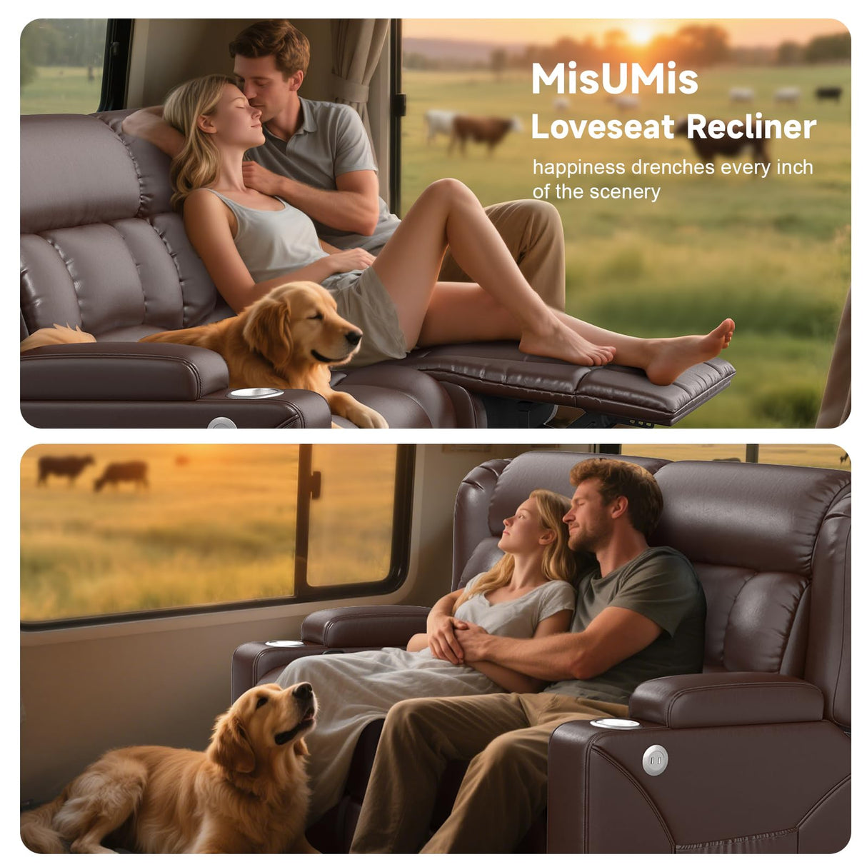 MisUMis RV Loveseat Recliner Sofa, Wall Hugger Reclining Loveseat RV Couch with USB Ports, Large Pockets, Cup Holders, 150° Adjustable RV Recliners Furniture for Travel Trailers & Home Theater Seating MisUMis