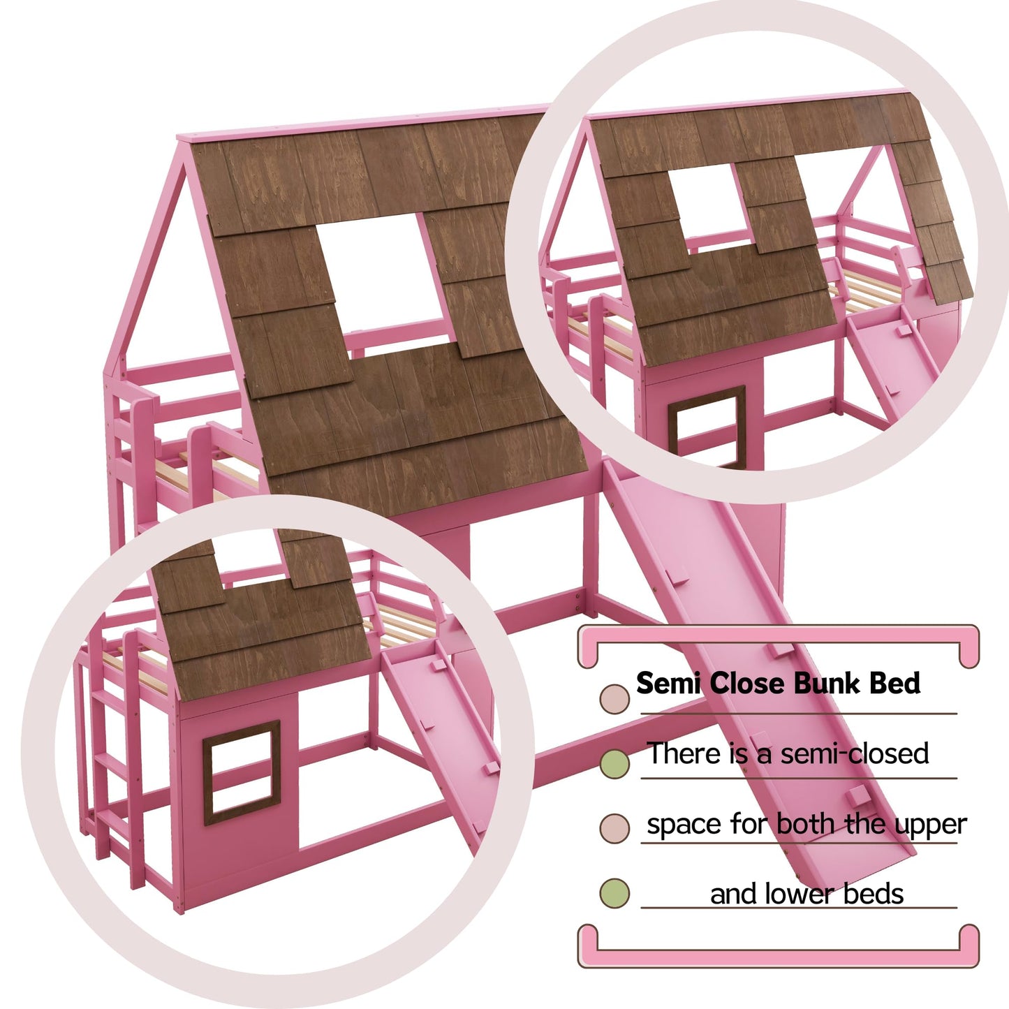 SOFTSEA Pink House Bunk Bed with Roof Low Bunk Bed with Slide for Girls, Twin Over Twin