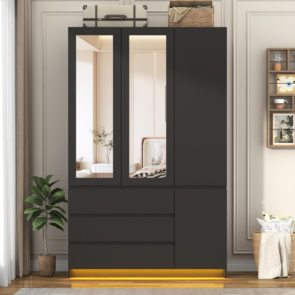 jiteentarou 3 Doors Armoire Wardrobe Closet with 3 Drawers & Mirror, Modern Wooden Bedroom Armoires with Hanging Rod Led Lights for Bedroom, Black jiteentarou