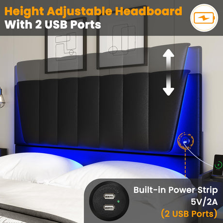 AOGLLATI Queen Bed Frame with Headboard, LED Lights, 4 Storage Drawers & USB Ports AOGLLATI