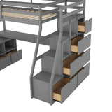 CKLMMC Multifunctional Twin Loft Bed with Storage Drawers, Desk, and Shelving – Grey CKLMMC