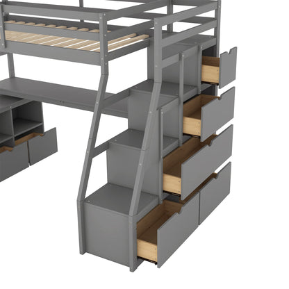 CKLMMC Multifunctional Twin Loft Bed with Storage Drawers, Desk, and Shelving – Grey - WoodArtSupply