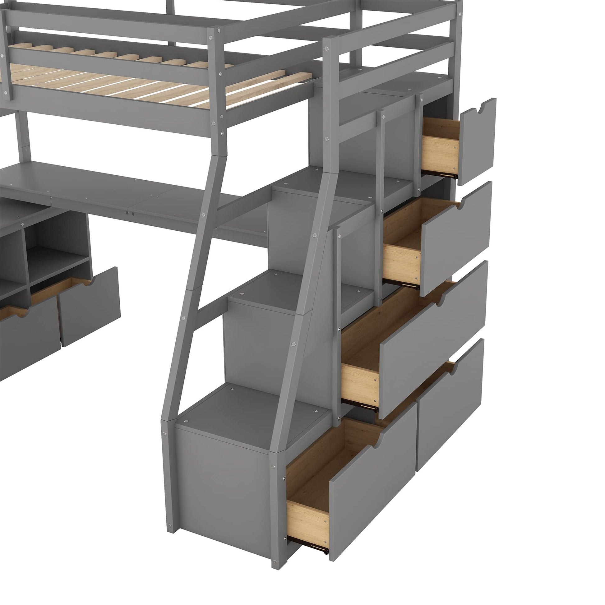 VilroCaz Twin Size Loft Bed with Desk, 7 Drawers, and Staircase - Solid Wood Frame in Gray - WoodArtSupply