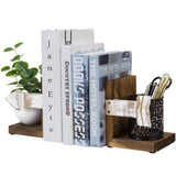 MyGift Rustic Book End, Whitewashed Arrow Design and Burnt Dark Brown Wood Tabletop Bookend Support Stands, Set of 2 MyGift