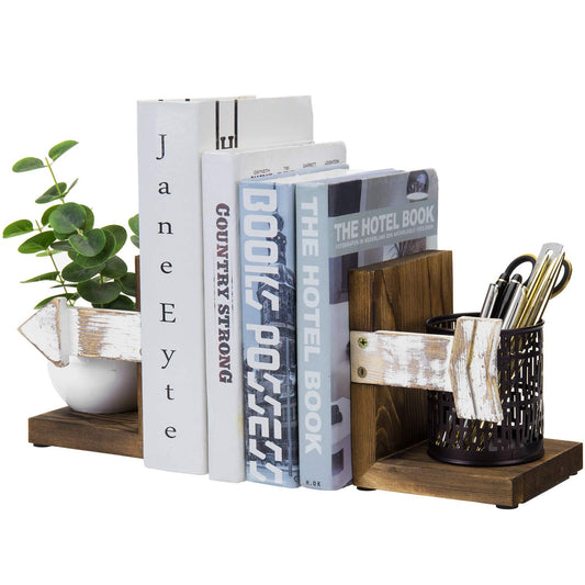 MyGift Rustic Book End, Whitewashed Arrow Design and Burnt Dark Brown Wood Tabletop Bookend Support Stands, Set of 2