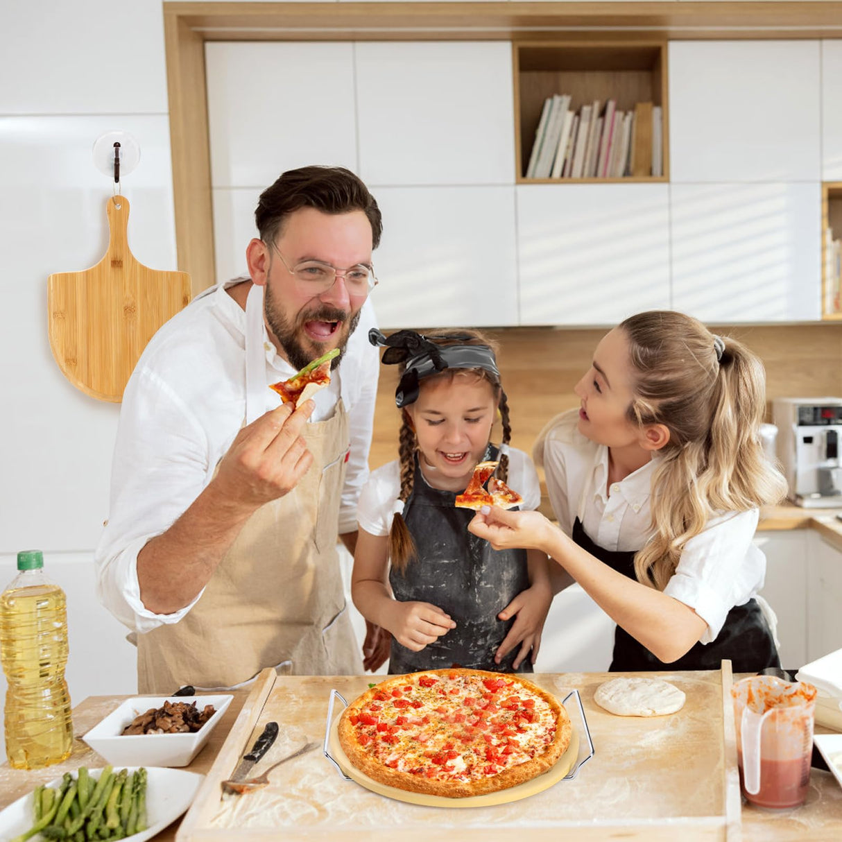 ZENFUN Round Pizza Stone with Wooden Peel and Metal Carry Rack 12 In Cooking Pizza Stone for Oven Baking and BBQ Grilling Round Baking Stone Cordierite Pizza Cooking Pan Free Bamboo Pizza Peel Paddle ZENFUN