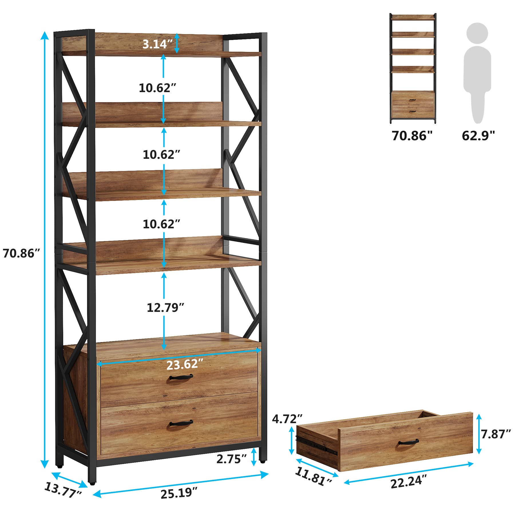 Tribesigns 70.8" Rustic Brown Industrial Bookshelf with Drawers and Open Shelves - WoodArtSupply