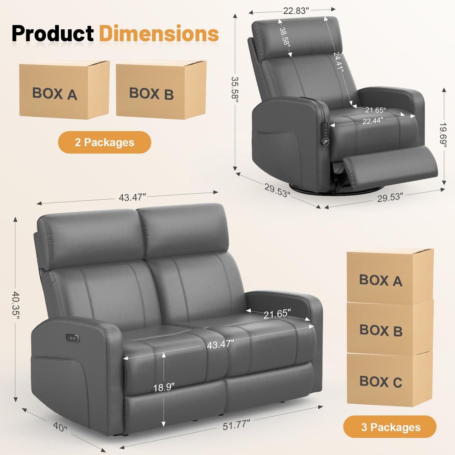 Power Loveseat Recliner Set with Adjustable Headrest, 2+1 Pieces in Living Room, 2 Seater Power Reclining Loveseat with Manual Headrest, 1 Swivel and Rocking Power Recliner Chair with Power Headrest