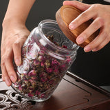 24 OZ/4 PCS Glass Storage Jar with Airtight Bamboo Wooden Lids, Vintage Food Containers Canisters Sets for Kitchen Counter Pantry, Sugar, Flour, Candy, Tea, Coffee Beans, Oats, Grain Bin, Pasta, YUTGSMPO