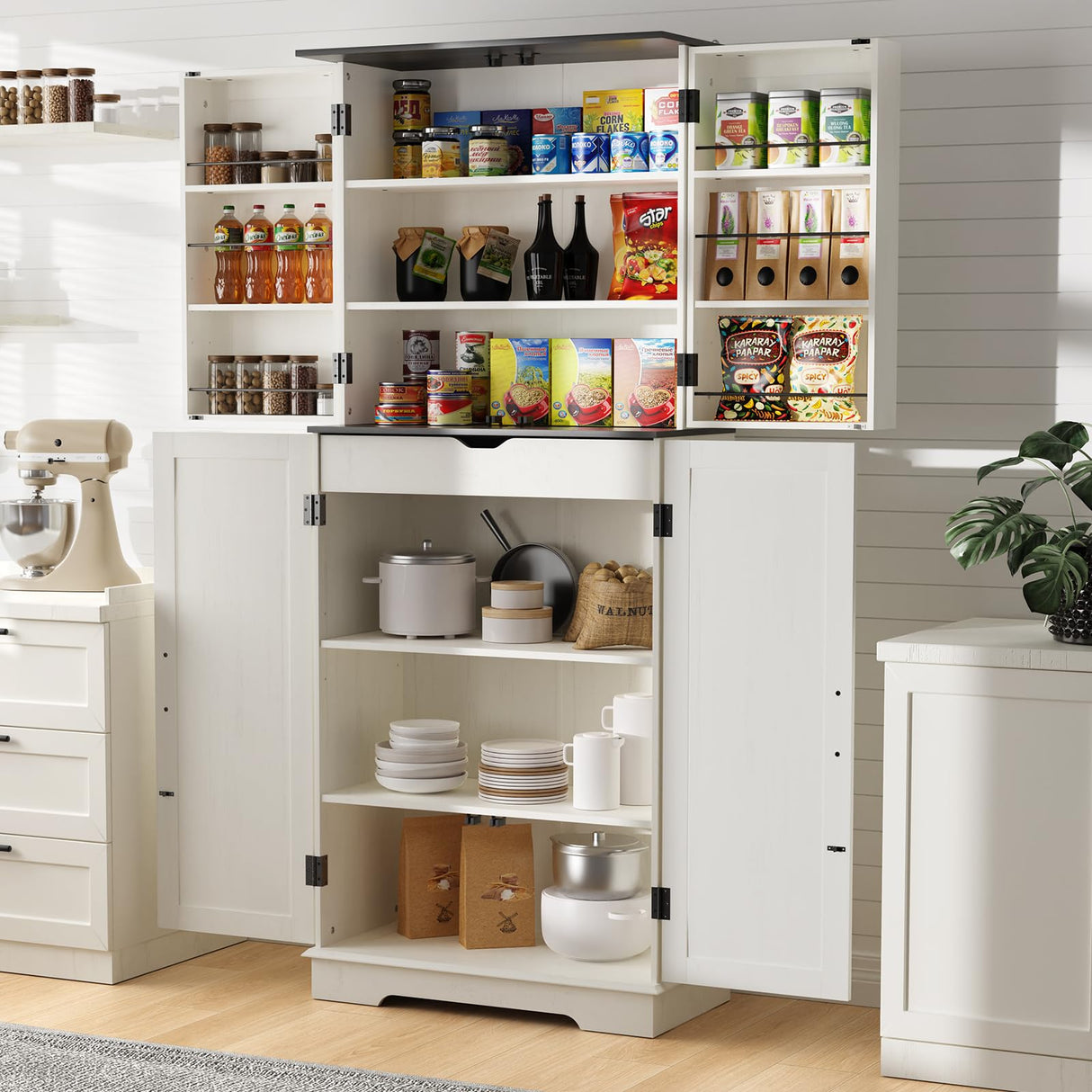 Sunny Heart 72" H Kitchen Pantry Storage Cabinet, Farmhouse Pantry Cabinet with 4 Doors, Adjustable Shelves, Drawer,Wood Cupboard for Kitchen, Dining Room, Bathroom, Off White Sunny Heart