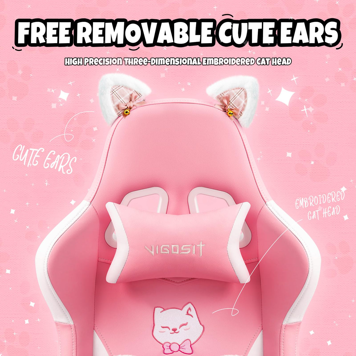 Vigosit Pink Gaming Chair with Cat Paw Lumbar Cushion and Cat Ears, Ergonomic Computer Chair with Footrest, Reclining PC Game Chair for Girl, Teen Vigosit