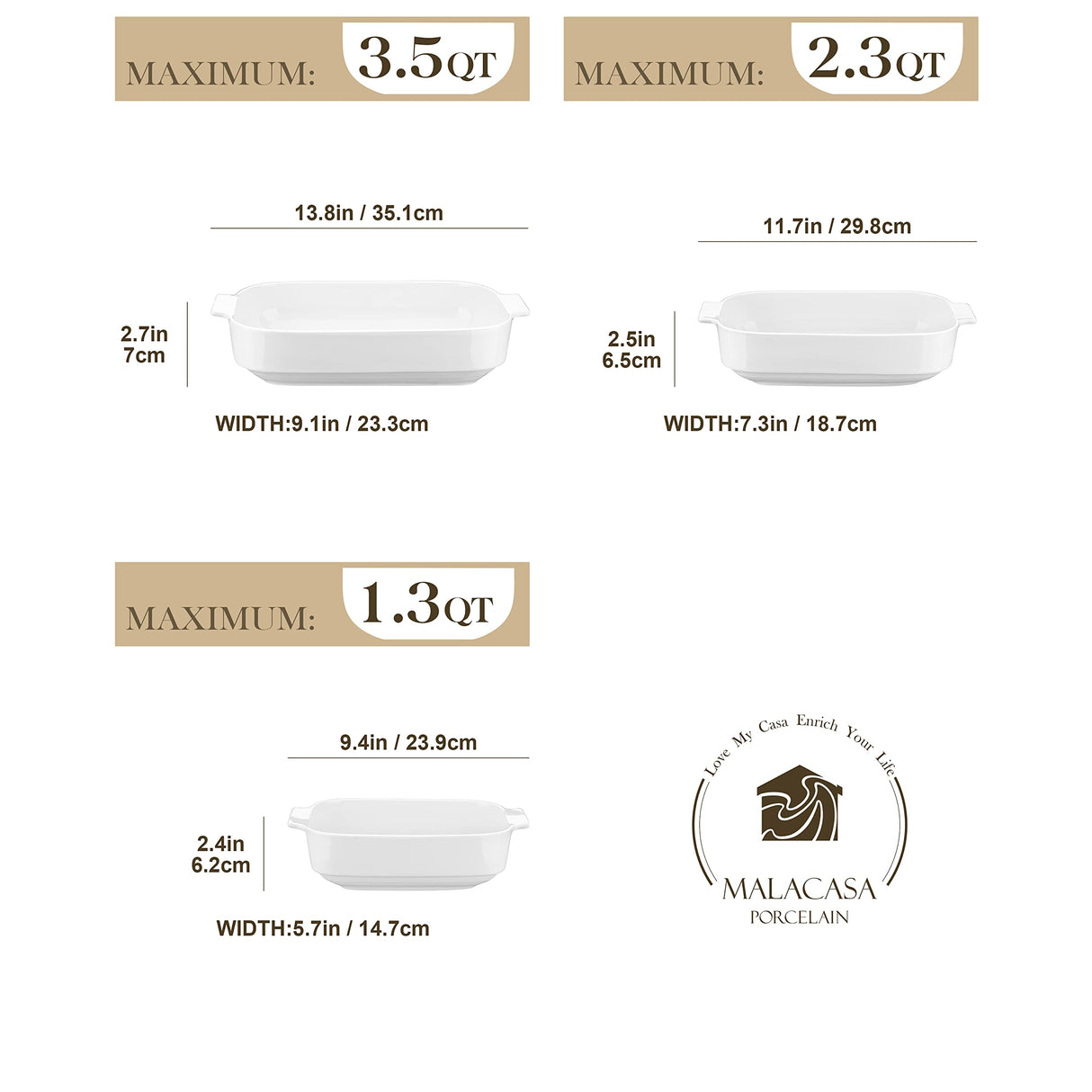 MALACASA Casserole Dishes for Oven, Porcelain Baking Dishes Set of 3, Durable Casserole Dish Set Lasagna Pan Deep, Ceramic Bakeware Sets with Handles, White (13.8''/11.7''/9.4''), Series Bake MALACASA