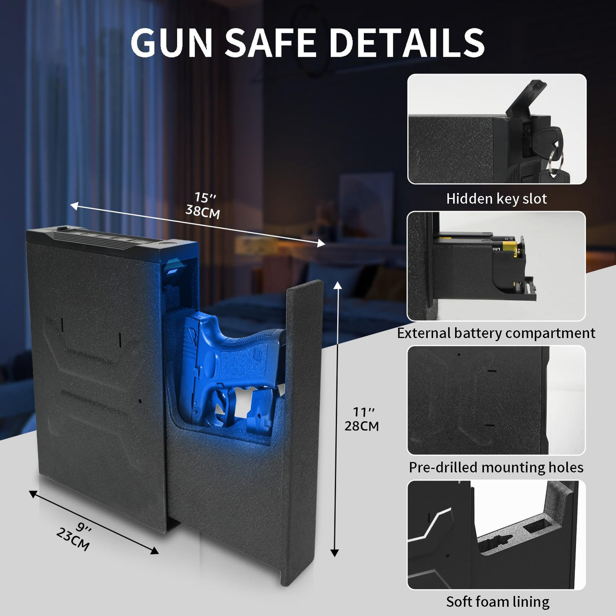 Biometric Gun Safe for Nightstand, Desk, Bedside Mounted, Auto Open Pistol Safe, Drawer Handgun Safe with Internal LED light, Silent mode, Quick Access Gun Lock Box with Fingerprint, PIN Code, Key XDeer