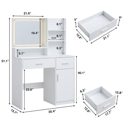 Alaxgumrol Makeup Vanity Desk with Mirror and Lights, Vanity Table with Drawers, Dressing Table with 3 Color Lighting Modes, 2 USB Socket, Storage Cabinet, Small Cheap Vanity for Bedroom, White