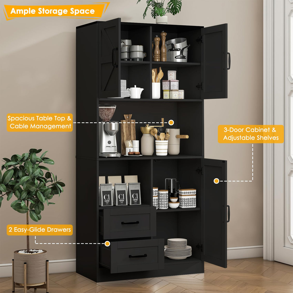 Frmobepts Kitchen Pantry Storage Cabinet with LED Lights and Power Strip, Tall Farmhouse Kitchen Pantry with Barn Doors and Drawers, Adjustable Shelves for Dining Living Room (Black) Frmobepts