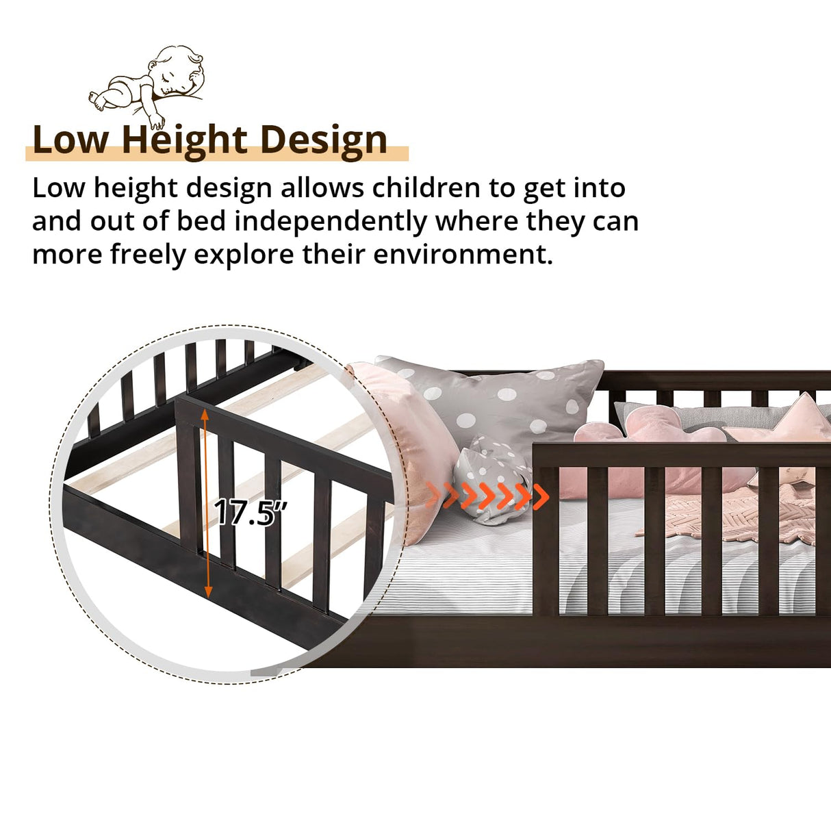 LLS Twin Floor Bed for Children, Durable Montessori Floor Bed with Sturdy Slats and Safety Fence, Solid Wood Floor Bed Frame for Girls Boys and Teens, Espresso (Without Door) LLS