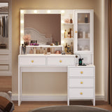 Tiptiper Makeup Vanity Desk with Mirror and Lights & Charging Station, White Vanity Table with 5 Storage Drawer & Glass Door & 3 Shelves for Bedroom, Modern White Tiptiper
