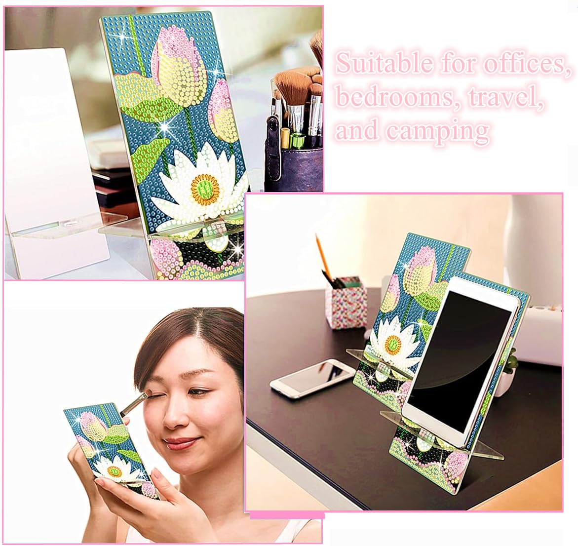 NUFTVI 2 Pack Diamond Painting Phone Holder Kits, 5D Full Crystal Diamond Art Phone Holder& Mirror Craft Kits Gift for Beginner/Adult (Lotus and Cherry Blossom) NUFTVI