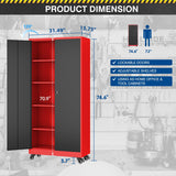Fesbos Metal Rolling Storage Cabinet-74.6” Tall Steel File Cabinets with Wheels Lockable Doors and Adjustable Shelves-Black & Red Steel Storage Cabinet for Home, School, Office, Garage Fesbos