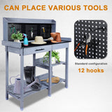 Outdoor Potting Bench Table,Garden Work Bench Metal Tabletop Horticulture with Shelf Rack Wooden Potting Benches for Outside with Holey Board/Hooks/Pads/Drawer/Adjustable and Cabinet,Gray Agitree