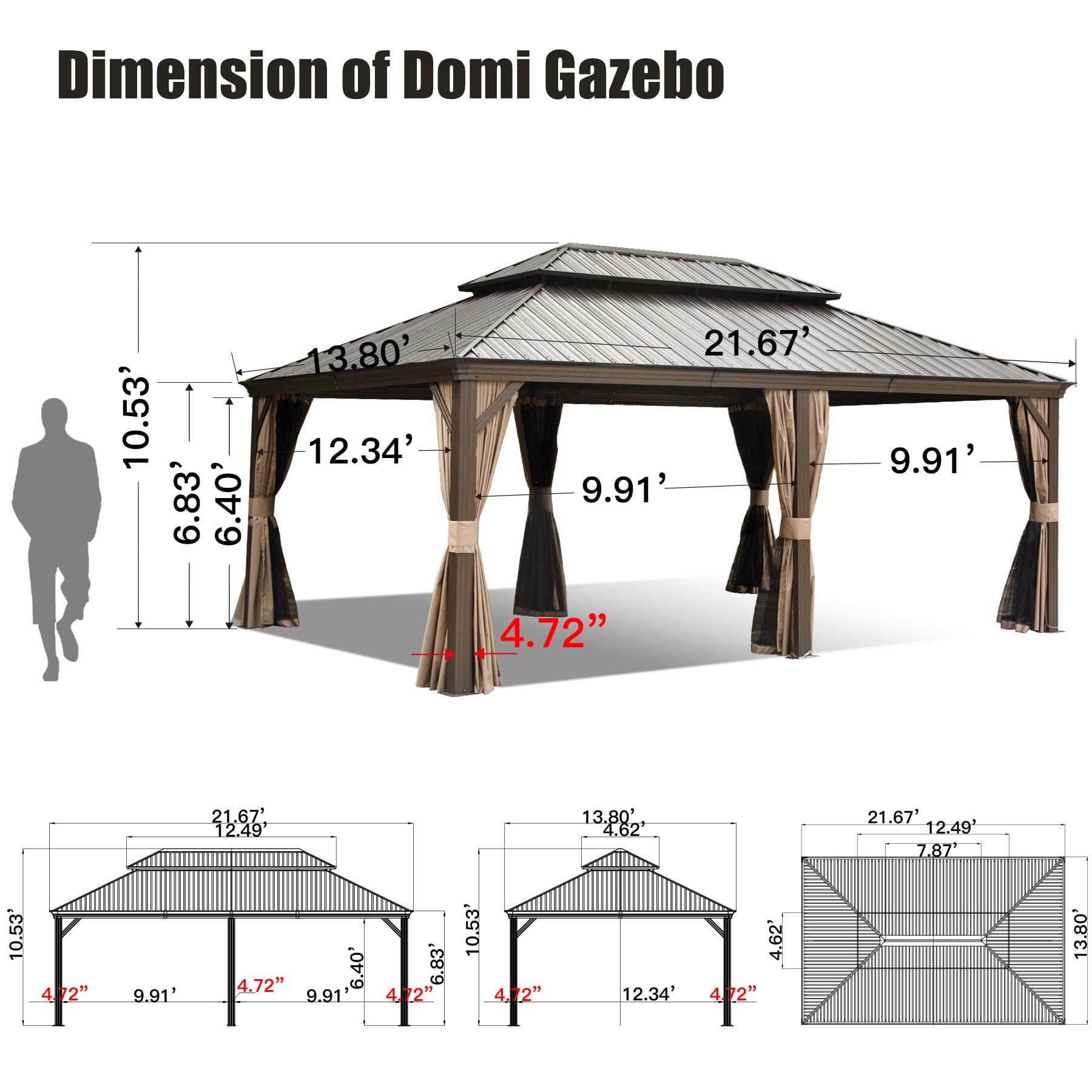 Domi 14'x22' Hardtop Gazebo Canopy,Outdoor Aluminum Gazebo with Galvanized Steel Double Roof,Large Permanent Gazebo Pavilion for Patio Deck Backyard,Curtain and Netting, Dark Brown - WoodArtSupply