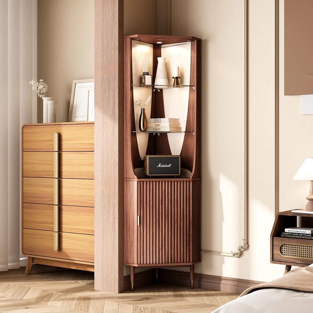 JOINICE,70" Tall Corner Cabinet,Mid Century Modern Storage Cabinet with Glass Shelves,Corner Bar Cabinet with Door & Lighting,Space Saver for Living Room,Bedroom,Dining Room,Kitchen,Walnut JOINICE