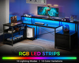 ODK 75" Reversible L Shaped Desk with LED Lighting, Power Outlet, and Ample Storage Solutions in Black ODK