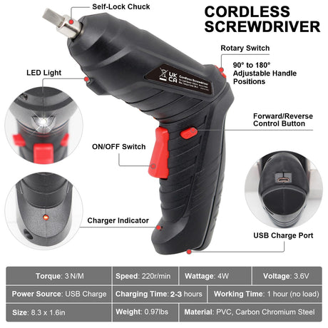Cordless Electric Screwdriver, 3.6V Rechargeable Power Screwdriver with 47 pcs Accessories, usb charging, 3Nm Screw Gun, mini Carrying screwdriver set with LED Light for Electric Power Drill Set MYMULIKE