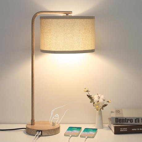 Farmhouse Table Lamp, Fully Dimmable Bedisde Lamp with Dual USB Charging Ports, Modern Nightstand Lamp, Tall Table Lamp Desk Reading Lamp for Living Room, Bedroom, Office, 9W LED Bulb Included Seaside village