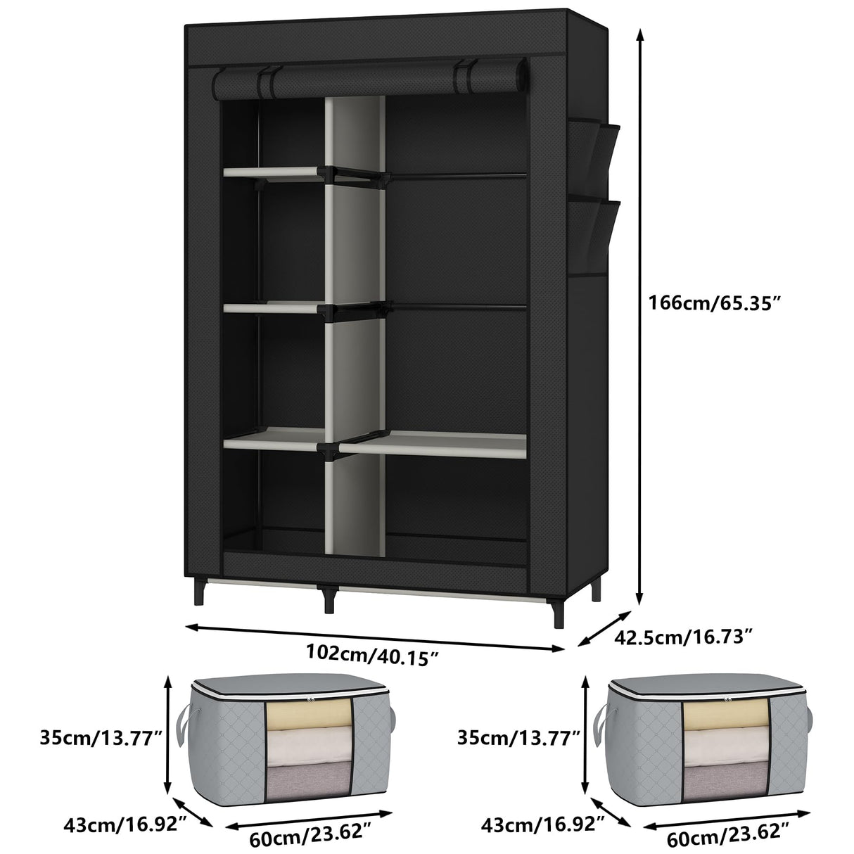 Calmootey Portable Closet, Wardrobe with 6 Shelves and Hanging Rod, Storage Organizer for Bedroom, Non-Woven Fabric Cover with 4 Side Pockets, Includes 2 Storage Bags for Clothes, Black Calmootey