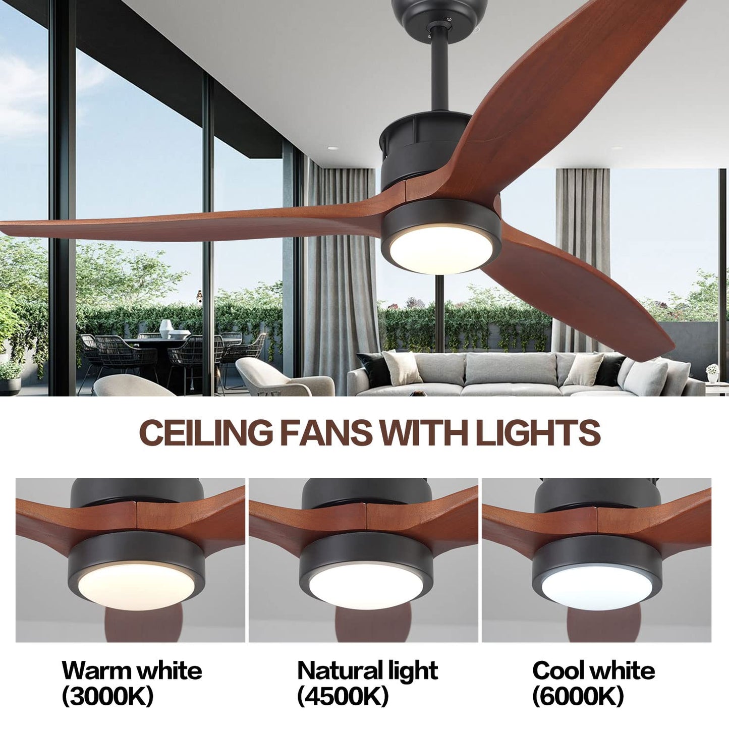 52 Inch Solid Wood Ceiling Fans with Lights Remote Control, Quiet DC Motor 3 Blade Dimmable Modern Indoor Outdoor Ceiling Fan for Living Room,Bedroom,Farmhouse,Office(Black+Solid Walnut Wood)