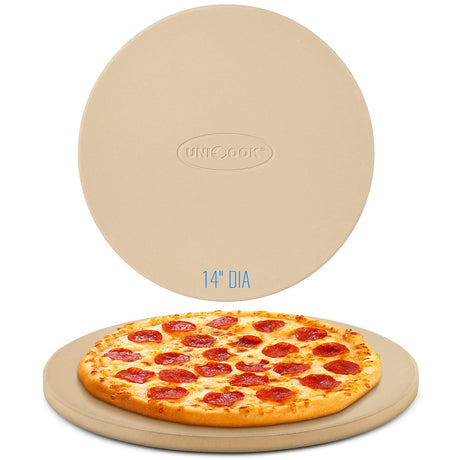 Unicook 14 Inch Round Pizza Stone, Heavy Duty Cordierite Pizza Baking Stone for Oven and Grill, Thermal Shock Resistant, Ideal for Baking Crisp Crust Pizza, Bread and More, Includes Scraper Unicook