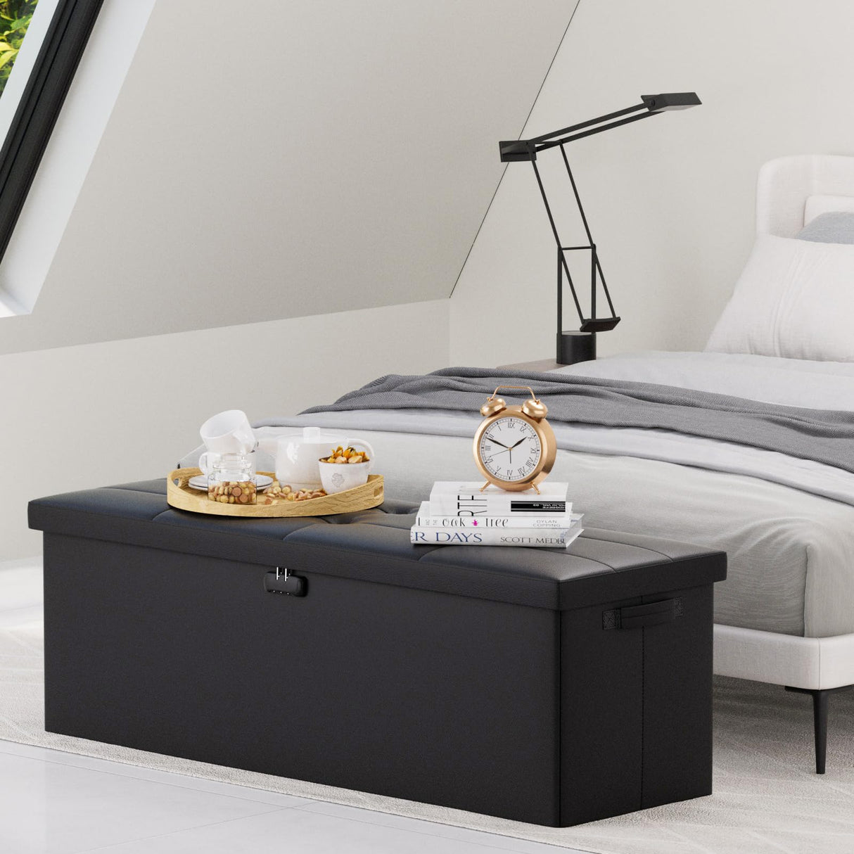 DocSafe Storage Ottoman Bench,Fireproof＆Waterproof Folding Bench with Lock(15”x 43”x15”),Leather Storage Chest with Handles＆2 Extra Boxes,Ottoman Safe for Bedroom,Living Room,Home Office,Black DocSafe