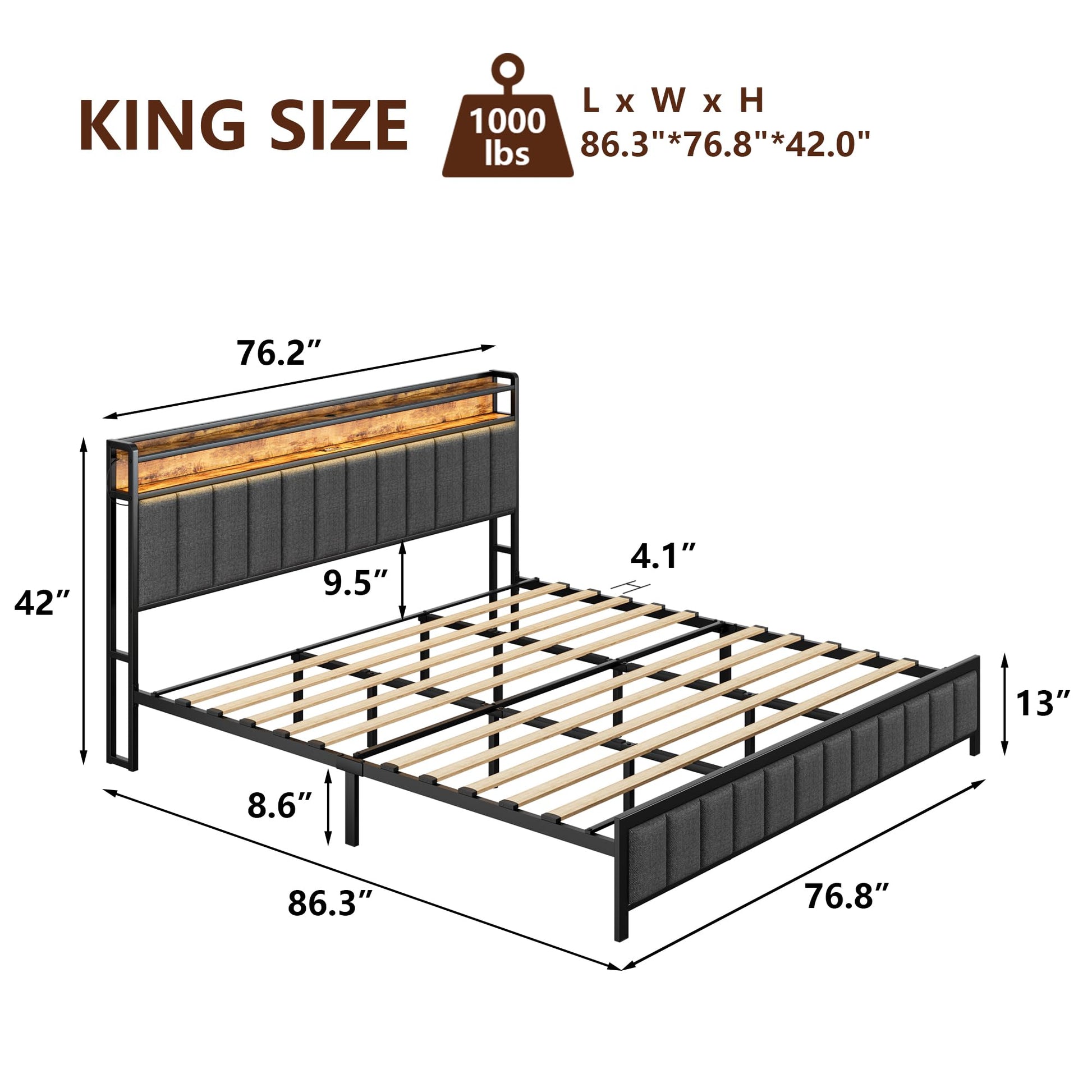 MEIJUJIA Upholstered King Bed Frame with LED Headboard and Charging Station - Grey - WoodArtSupply