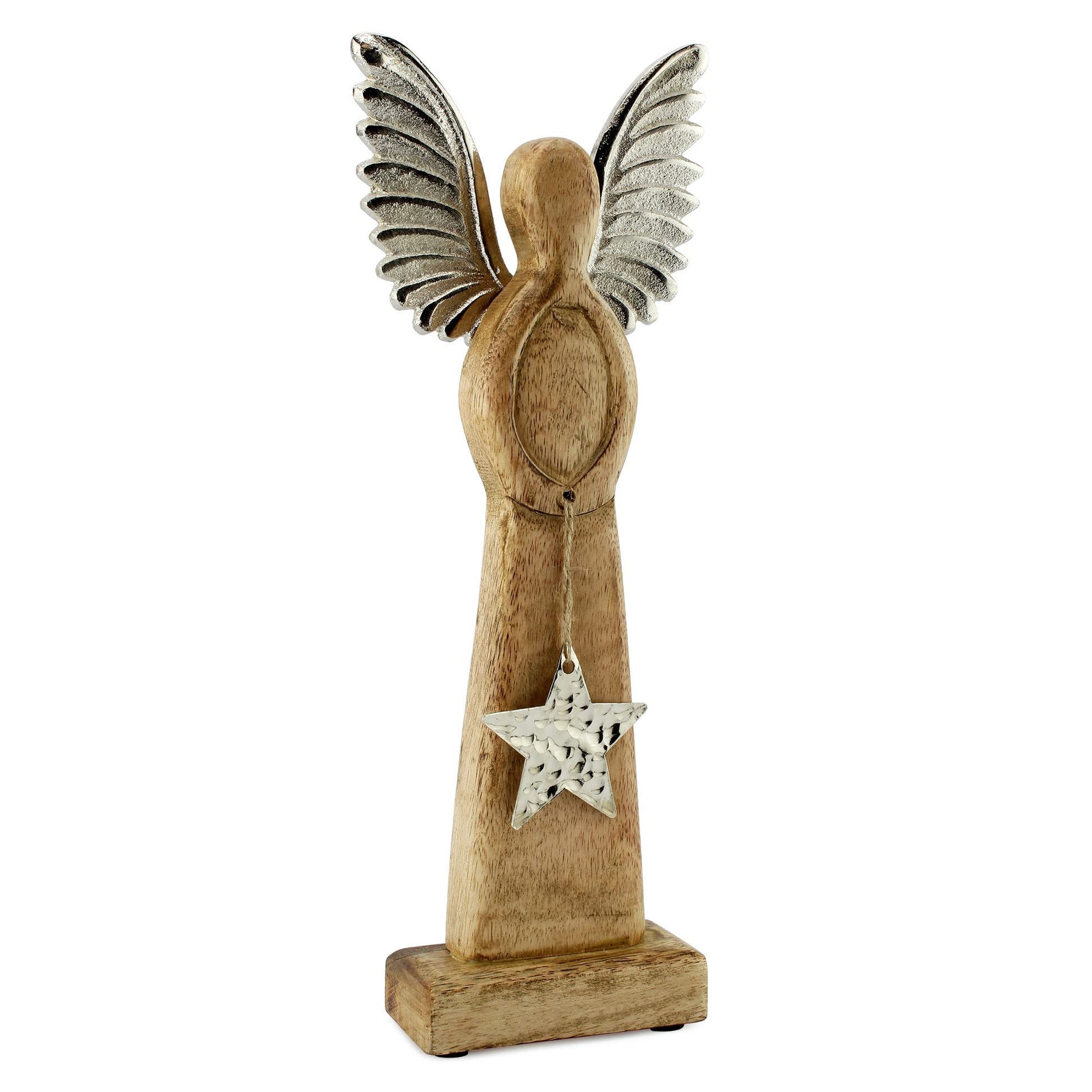 AuldHome Wooden Angel Christmas Statue; Farmhouse Holiday Decor Wood and Metal Figurine - WoodArtSupply