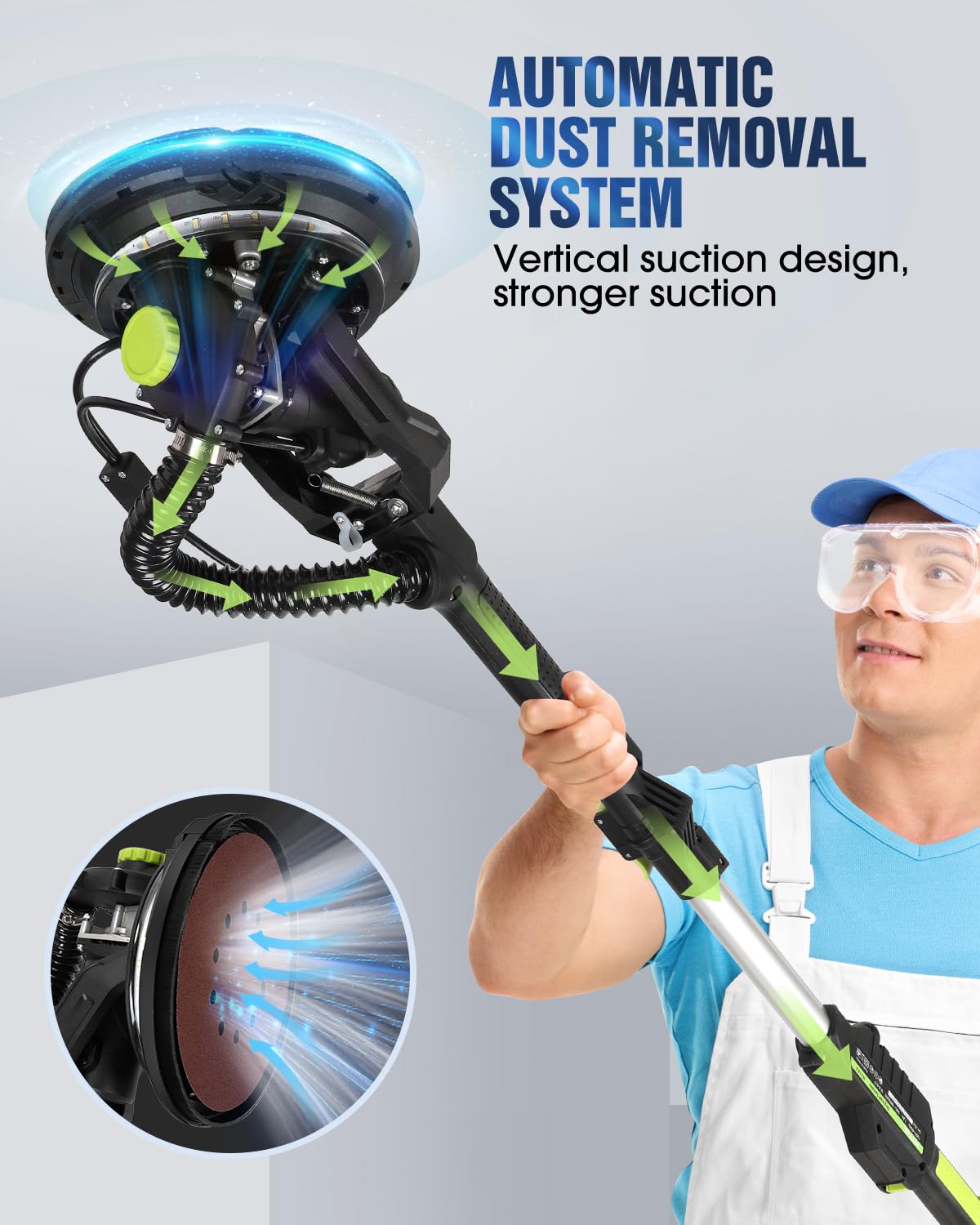 MYTOL Drywall Sander, 7.2A Electric Drywall Sander with Vacuum Dust Collection, LED Light, 6 Variable Speed Digital Display 900-1800RPM, Foldable & Extendable Handle, 9 Sanding Discs&3 Grid Sandpaper MYTOL