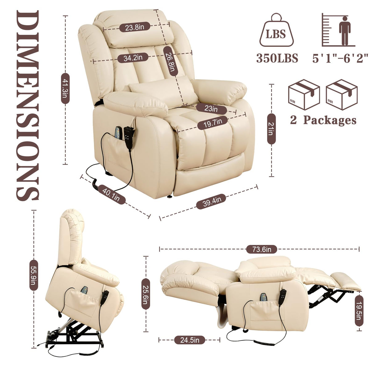 Infinite Position Lay Flat Lift Recliner Chair for Adults, Dual Motor Power Lift Chair for Elderly with Massage & Heating, Extended Footrest, USB Ports, Remote Control & Lumbar Pillow, Leather (Cream) RESTREAL