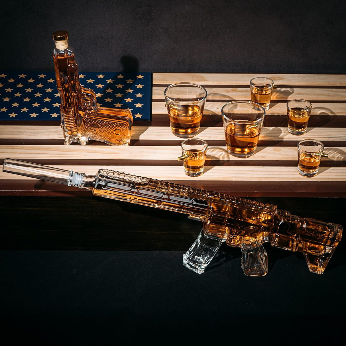AR15 Whiskey Gun Decanter Flag Set - 1000ml Rifle & Pistol Set - Hanging Storage American Flag Gift Box & Bullet Glasses & Shot Glass, Great Gift - Army, Navy, Marine, Veterans & Gun Enthusiasts Gifts The Wine Savant