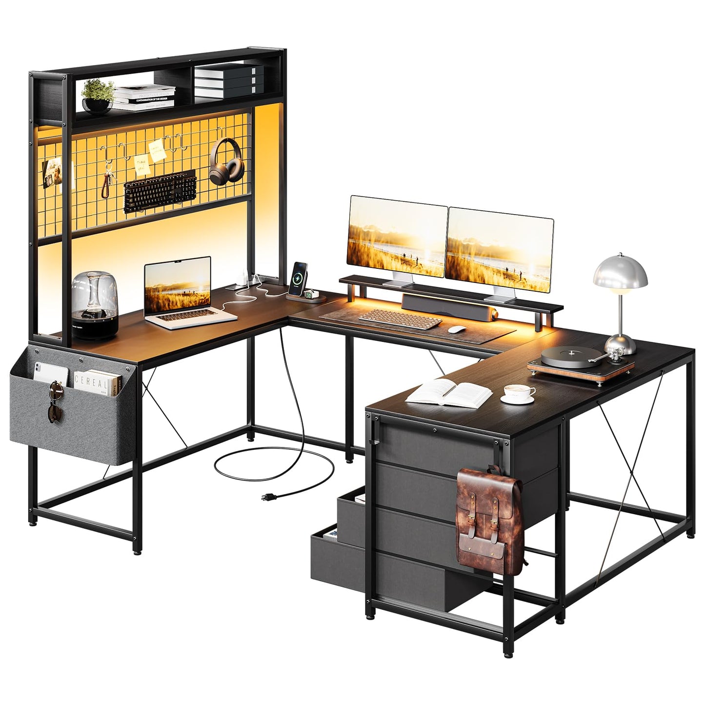 U Shaped Desk with Monitor Stand and LED Lights, U Shaped Gaming Desk with Storage Shelves, Large Computer Desk with Power Outlets, Large Corner Office Desk with 4 Drawers,Black