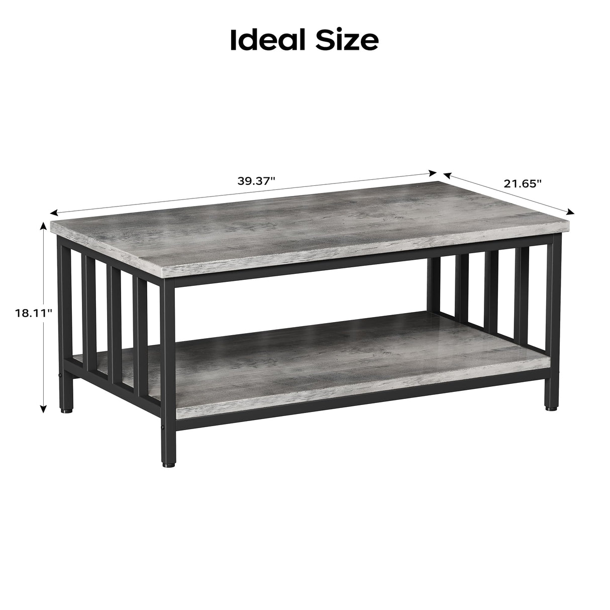 Homeiju Coffee Table for Living Room with Slatted Sides Frame, Modern Farmhouse Living Room Table with 2-Tier Storage Shelf for Home Office, Apartment, 39 inch Grey Wash Homeiju
