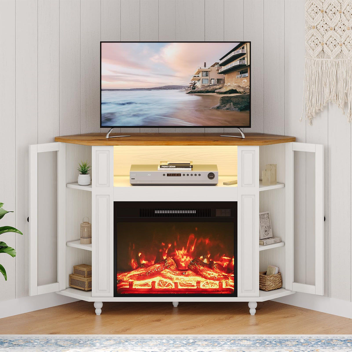 4 EVER WINNER Fireplace TV Stand Corner with LED Lights, Glass Doors, Farmhouse Fireplace Entertainment Center with Adjustable Storage Cabinets, TV Console with Fireplace for Living Room, White 4 EVER WINNER