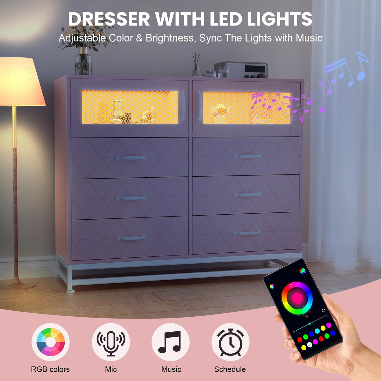 ElectraSpeedy Dresser for Bedroom, 6 Drawer Dresser with 2 Shelves, LED Lights & Charging Station, Modern Chest of Drawers for Bedroom, Entryway, Hallway, Pink ElectraSpeedy