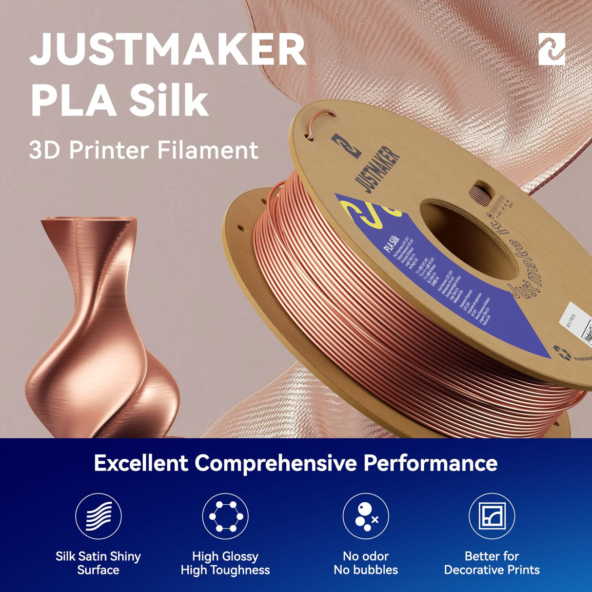 JUSTMAKER PLA Silk 3D Printer Filament, Upgrade Cardboard Spool, Silk Shiny Filament, Dimensional Accuracy +/-0.03mm, 1.75mm, 1kg, Bronze JUSTMAKER